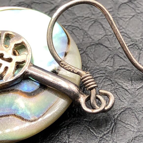 925 Sterling Silver Abalone Earrings Iridescent Shell Asian Coin Dangles - Picture 3 of 6